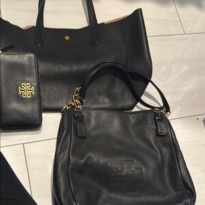 Tory Burch Black Leather Tote Bag lot of 3. Wallet and two bags